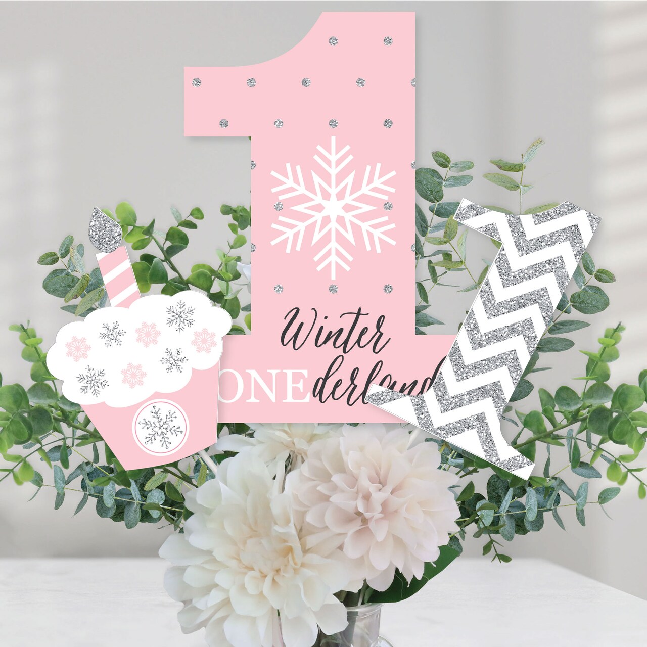 Big Dot of Happiness Pink Onederland - Snowflake Winter Wonderland First Birthday Party Centerpiece Sticks - Table Toppers - Set of 15